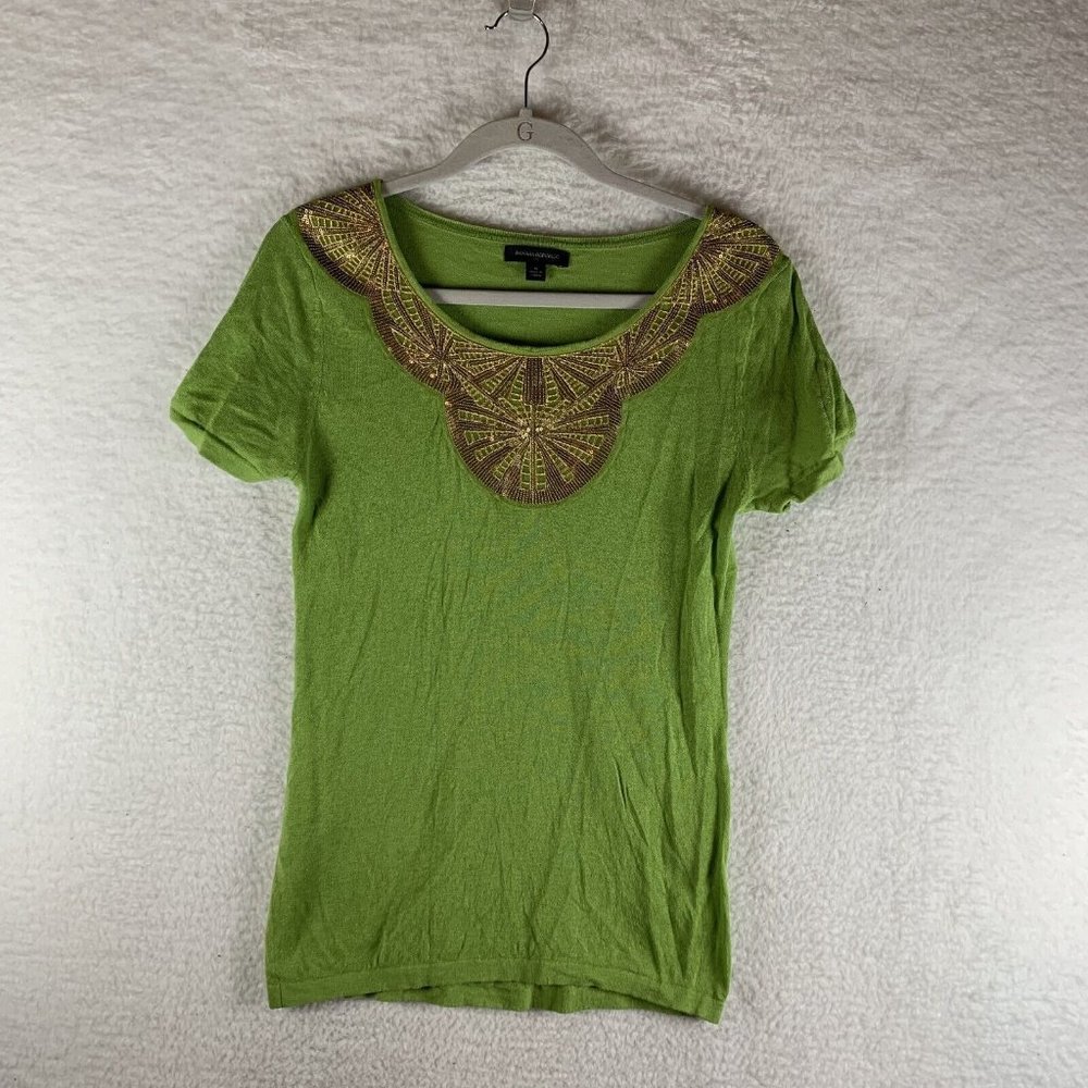 Banana Republic Sweater Women's Medium Green Linen Embellished Round Neck 7917